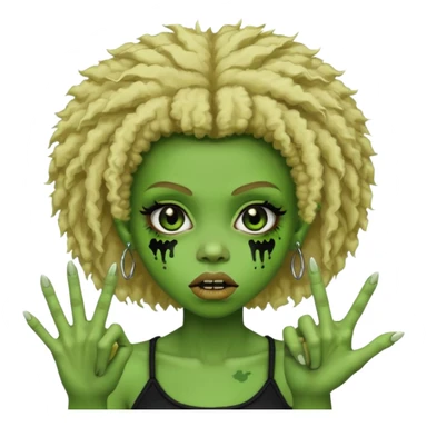 girl, green zombie,blonde afro, medium long, shaggy, dark, spooky,double eyebrow dermal piercing, two fingers up sticker
