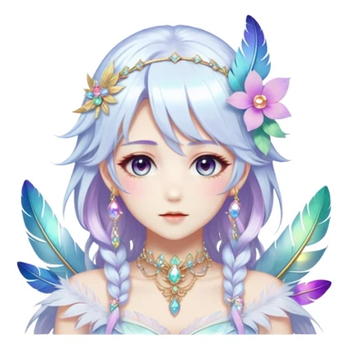 Beautiful gorgeous anime lady with beautiful iridescent-white-special-hair, fashion aesthetic, ethereal, fairycore, pastelcore, feather, flower, gems, accessories, jewelries, gold, colorful sticker