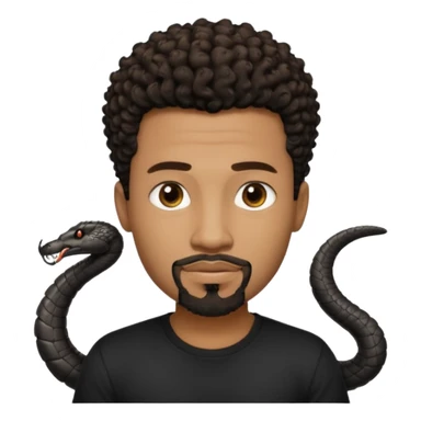 Homme noir, yeux marron avec un bouc sans la moustache, cheveux noir court et bouclé crépus avec un dégradé sur le côté, avec un cobra à côté , t-shirt noir  sticker