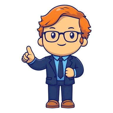 Professional economics channel mascot with shoulder-length wavy light brown hair, rectangular glasses, navy blazer, light blue shirt, empty hands, confident stance sticker