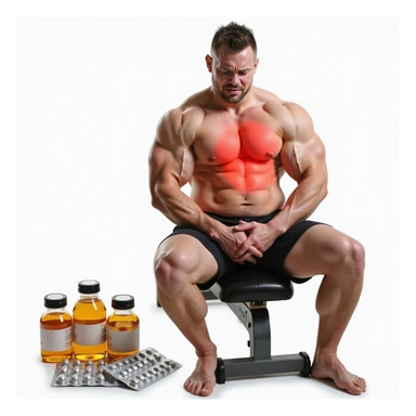 beginner bodybuilder with swollen but undefined muscles, sitting on a bench, with bottles and blister packs of oral steroids beside him, liver area highlighted in red, pained expression, isolated on white background sticker
