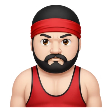 Close-up of extremely fat white skin guy with young face, prominent BLACK DURAG tied clearly on head, distinct black beard and mustache, no muscle, black eyes in a red and black wrestling singlet with angry face sticker