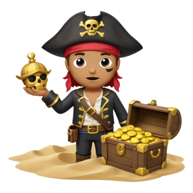 A 3D cartoon pirate with one eye covered by a black eye patch, holding a treasure chest of gold, wearing a hat, standing on sand, Memoji-style. sticker