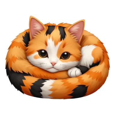 calico kitten curled up sleeping, simple and cute, round face, big eyes, minimal details, orange black and white calico pattern sticker