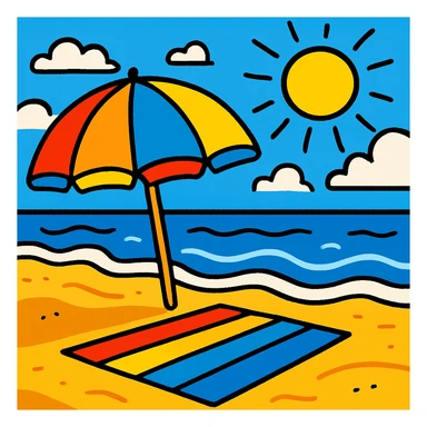 vacaciones en la playa, sombrilla, mar, sol, ambiente alegre, estilo cartoon colorido sticker