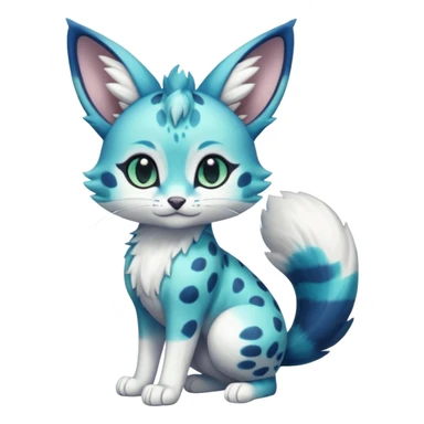 Exotic tropical shiny cute realistic Cobalt-Blue-green-turquoise-gradients, black, white Purloin-Meowstic-Minccino-Cinccino-serval-furret-Noibat-caracal-fusion-hybrid-creature (full body) sticker