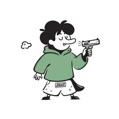 A cute but tough half-dolphin half-penguin thug holding a small gun, wearing a green hoodie with blood stains and Dollar General branded shorts sticker