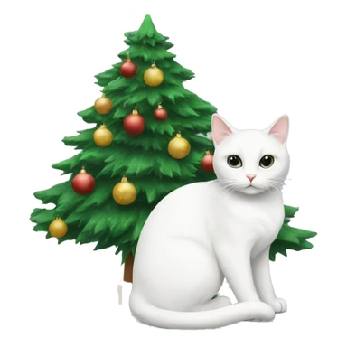 White cat sitting Christmas tree  sticker