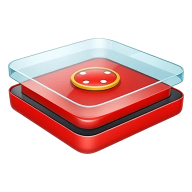 A big red round button under a square-shaped glass lid sticker