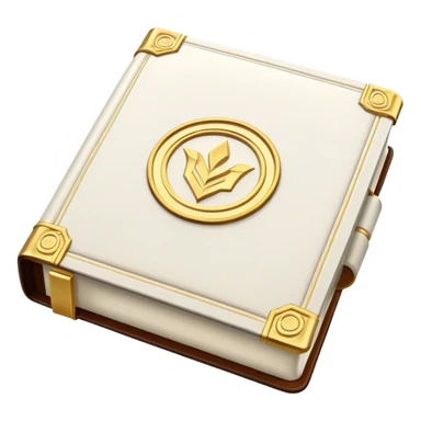 A white leather book with golden accents, smooth and polished, embossed with a symbol of six pillars, or a glowing mirror, radiating strength, confidence, and the power of self-worth.  sticker