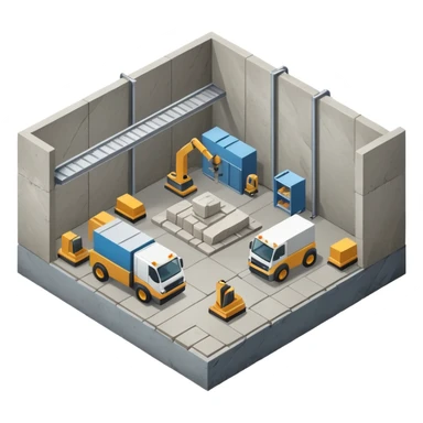 modern stonemason workshop isometric view with warehouse contianing cnc machiens and large stoneslabs sticker