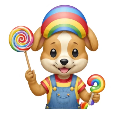 Generate a emoji of a dog with a comically large rainbow swirly lollipop with a goofy silly propeller hat, make the dog wear a striped bright yellow, red, and blue shirt with jean overalls sticker