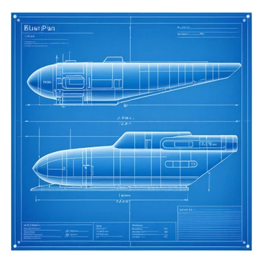 blue blueprint plan with white lines, side and top view combined sticker