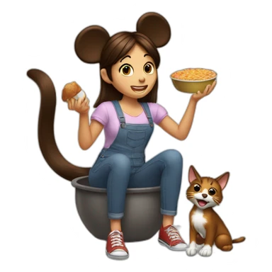 Woman medium brown half tail hair,eating A pot of spread,  with mickey mouse ears, near to a cat sticker