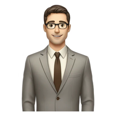 Pale skinned fit man with dark brown hair in gray jacket, beige office shirt, brown tie, brown pants and vintage glasses Writing text on a marker board sticker