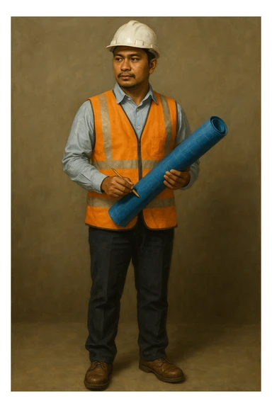 Сгенерируй мне в стиле реалистичной живописи на однородном фоне инженера индонезийской внешности, он в каске и строительном жилете. Он одет опрятно и чисто. В полный рост. Он стоит с чертежом синим и карандошем в руках sticker