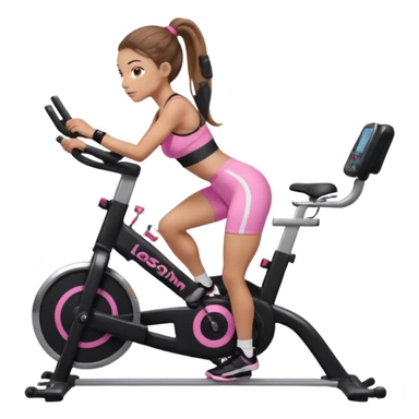 Light skin girl with long light brown hair in a pony tail, black workout set leaning on a indoor spin bike with NO HELMET, can we add a pink sports bra  sticker