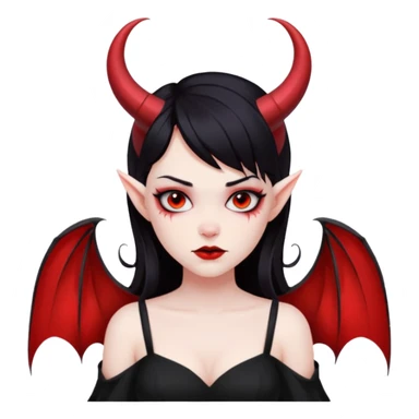 Demon girl, entire skin solid red, black hair, horns, bat wing, black dress, tattoo-flash comic. sticker
