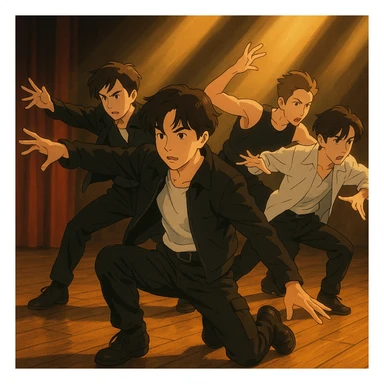 a kpop group, dramatic lighting, dynamic dance move, ghibli style sticker