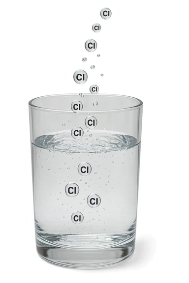 un bicchiere di acqua realistico e dettagliato fluttua in aria, dentro l'acqua del bicchiere ci sono particelle di cloro ben visibili con la scritta "Cl" sopra, ci sono particelle anche che escono dal bicchiere e fluttuano in aria verticalmente, mentre alcune sono all'interno dell'acqua nel bicchiere, iperrealistico 4k sticker
