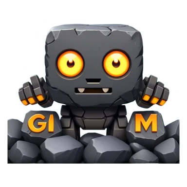 Rock creature with glowing eyes and 'GM' behind, featuring a blocky body of dark gray stones, orange-brown arms and chest patch, and seven glowing yellow eyes—three on the left, one in the middle, and three on the right—arranged on its head, with large bold 'GM' letters in the background.

 sticker
