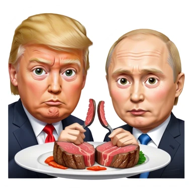 photorealistic Donald Trump and Putin eating a steak shaped like an piece of land sticker