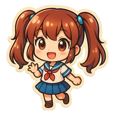 chibi anime girl with twin tails, wearing a sailor uniform, smiling, retro stickers style sticker