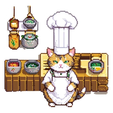 Make the chef cat's gold earring much bigger, keeping the same pixel art style with no background. sticker