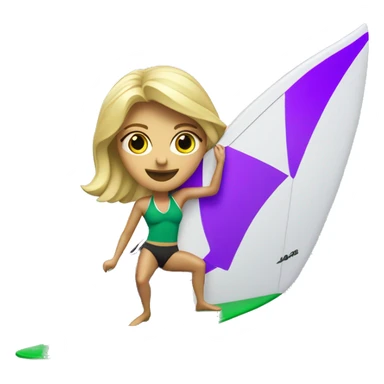 windsurf blonde woman on green surfboard with purple and white sail sticker