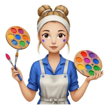 beautiful girl with a bun on her head in a jumpsuit with paint stains, holding a palette and a brush in her hands sticker
