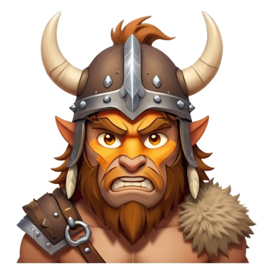 Clash of Clans style: Cinematic Fierce Barbarian Portrait Emoji, Poised and bold with a rugged, cartoonish build in tattered furs and a whimsical horned helmet, bright expressive eyes and a confident smirk, Simplified yet dynamic features, highly detailed, glowing with a vivid, adventurous aura, high shine, heroic and spirited, stylized with an air of medieval warrior charm, focused and energetic, soft glowing outline, capturing the essence of a fearless barbarian adventurer ready to lead his clan with spirited valor! sticker
