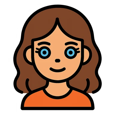 An icon-style emoji of a brunette girl with medium, slightly wavy hair, normal skin tone, a button nose, beautiful blue eyes with eyelashes. sticker