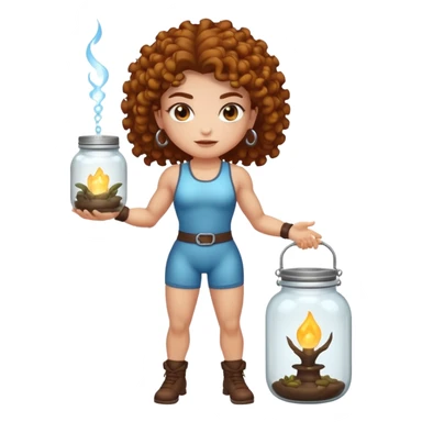 full body woman short curly brown mullet brown eyes white skin muscular build bug catcher spirit with glowing jar sticker