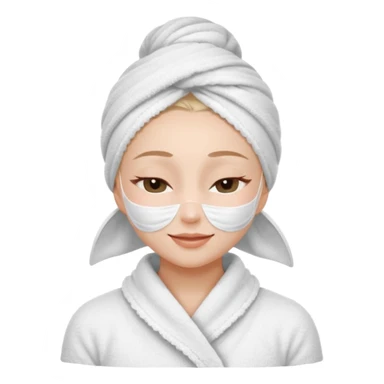 cute girl with her eyes closed and smiling, wearing a white spa towel as her clothes in she has a white spa towel on her head, white face skincare mask sticker
