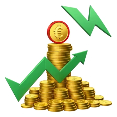 3D euro coins and banknotes stack, green upward arrow and red downward arrow, 
money flowing in and out, gold and silver coins, transparent background, 
emoji style, realistic, balanced composition sticker