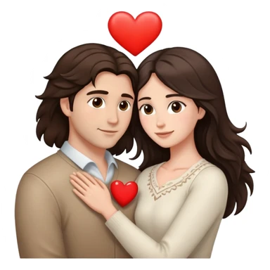 A couple embracing, man with light mestizo skin and straight dark brown hair, woman with fair skin and long slightly wavy dark brown hair, with white hearts around them sticker