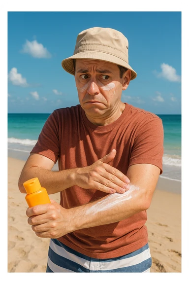 uomo a mare che si mette la crema solare perchè ha paura del sole sticker