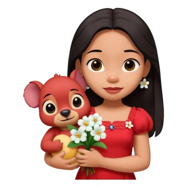 Lilo from Lilo & Stitch, in a red dress with white flowers, holding a plush toy sticker