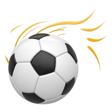 Apple-style emoji of a soccer ball with curve effect, flying with curved wind trails showing spin, glossy 3D look, clean minimal design, soft lighting, transparent background. sticker