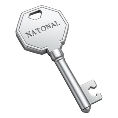 small silver metal key with hexagonal head and the word NATIONAL engraved, clean lines, soft silver tone, minimalistic and precise sticker