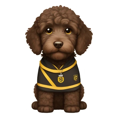 Chocolate brown labradoodle puppy.  Chubby.  white on his chest.  Brown eyes.  Wearing a hufflepuff gear   sticker