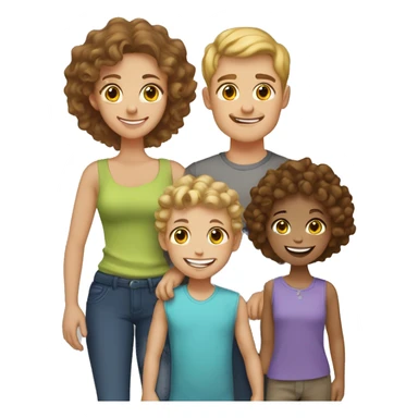 Family of 5. All light skinned. Dad has brown hair. Mom has brown curly hair. Oldest boy with blonde curl hair. oldest girl with light brown hair. toddler boy, with brown hair. sticker