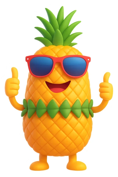 Edit the pineapple emoji in 3D emoji style to have aviator style sunglasses, keep it smiling and giving a thumbs up, no background. sticker