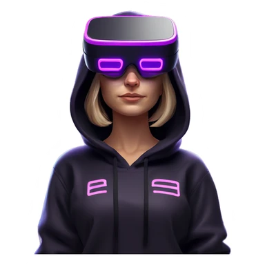Russian girl wearing black hoody with violet letters "OMG", in vr headset oculus quest2. Standing like jedi. Cyberpunk style. Violet neon. sticker