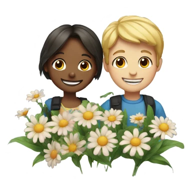 Boy and girl smiling with flowers sticker