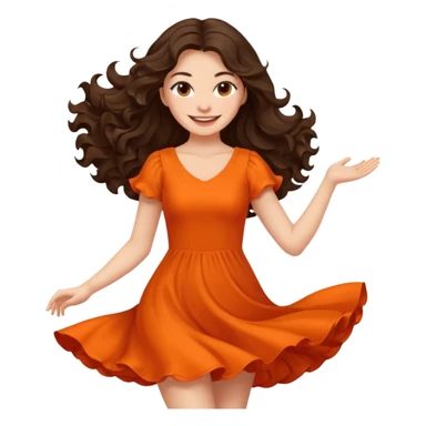 Long dark wavy hair women in orange standing twirling around sticker