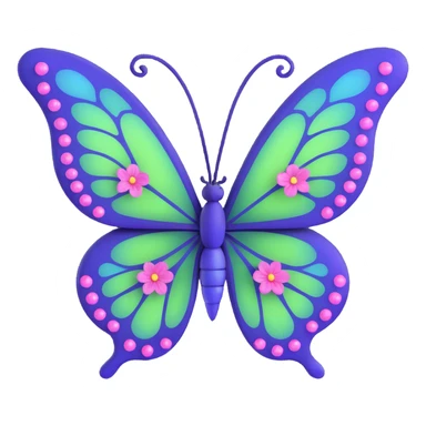 whimsical magical butterfly with vibrant #c0ff53 green wings with purple edges, glowing softly, fine vein patterns, sparkling dust and magical particles, sleek deep blue body, pink flowers on wings, 3D cartoon, elegant, fantastical sticker