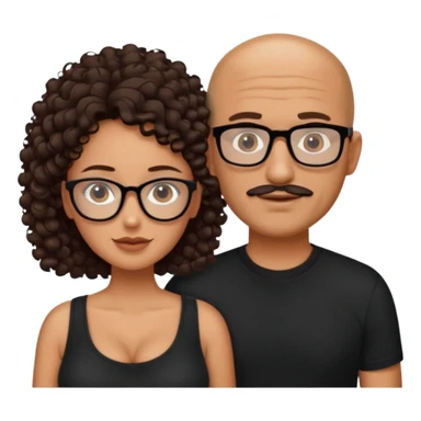A picture of a tanned couple. the man is a Mexican man with tanned skin, no glasses, a bald hair cut, short beard and wearing a black shirt. the woman is wearing glasses, with long curly dark brown hair and with big boobs  sticker