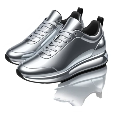 A pair of futuristic sneakers emoji made of silver chrome, sleek streetwear design, smooth metallic panels, subtle reflections, luxury swag aesthetic, iOS emoji style, centered, clean white background sticker