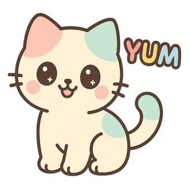 cute Chinese-style kitten, playful and charming, with the word 'yum' in vibrant colors, suitable for an emoji or sticker sticker